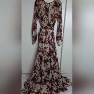 Floral Karen T Designs Red Floral Long Sleeve Gown for Wedding Guest